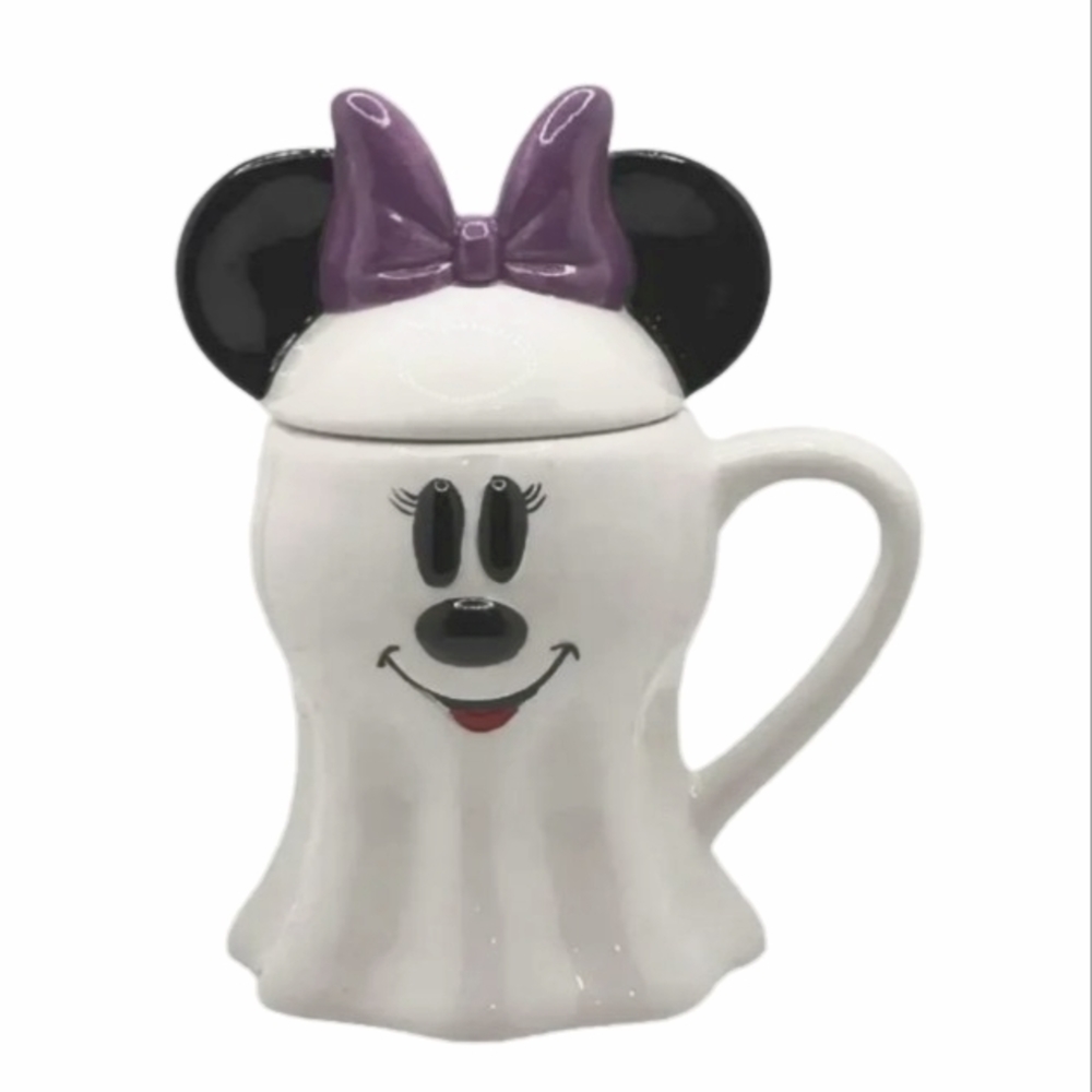 Disney Minnie Mouse Ghost Halloween Ceramic Mug Cup with lid Topper